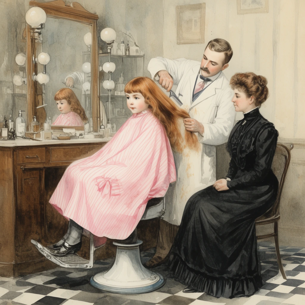 vintage watercolor, young girl in pink striped smock getting long auburn hair cut by a barber, seated woman in black dress watching, checkered salon floor, vanity mirror, muted tones