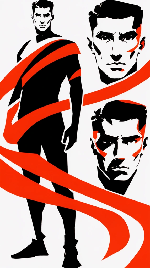 A full-body character sheet of a man with two close-up facial expressions on the right side, executed in a minimalist, high-contrast graphic design style using exclusively solid black, pure white, and vivid vermilion red. The main figure stands prominently on the left side, formed by stark flat black silhouettes and crisp defining contours, intersected by bold, sweeping vermilion red geometric ribbons flowing dynamically across the composition. On the right, the two stacked close-up facial expressions are defined by heavy black ink work, sharp solid shadows, and stark white negative space, punctuated by vivid red graphic accents. The artwork utilizes a pure white, expansive background, characterized by a flat silkscreen print aesthetic, razor-sharp edges, fluid graphic curves, and entirely solid planes of color.