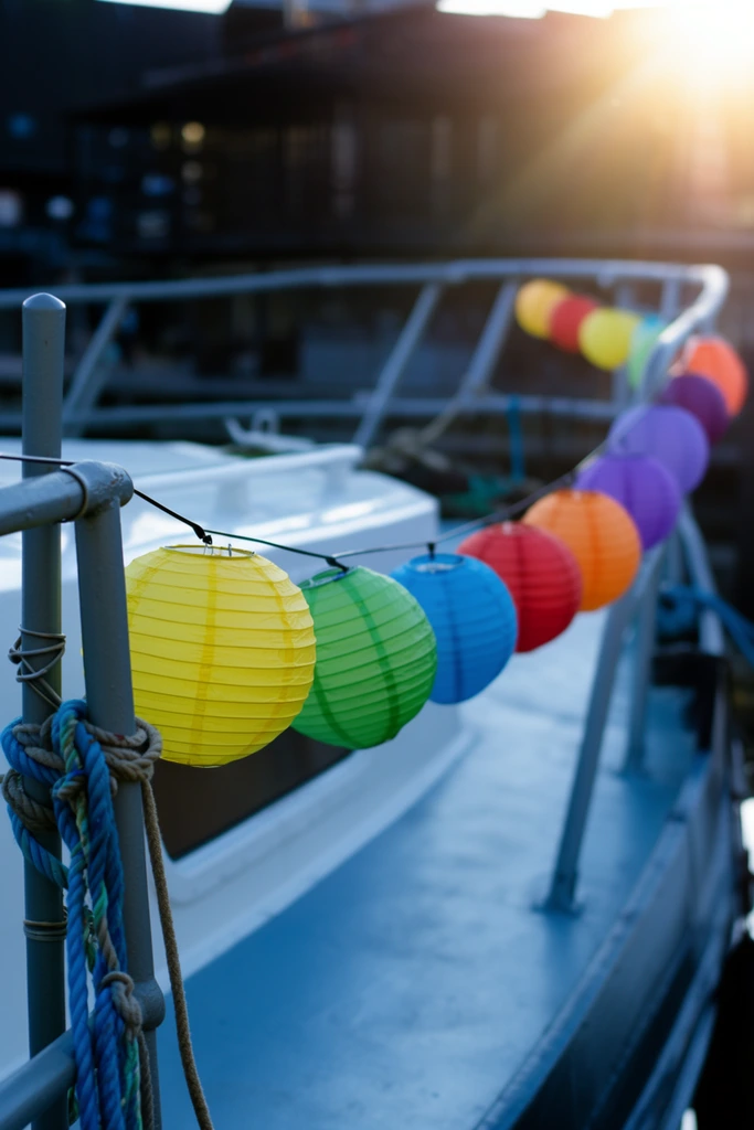 A string of colorful spherical paper lanterns is strung across the deck of a boat, with the sun shining brightly in the top right corner. The lanterns, in shades of yellow, green, blue, red, purple, and orange, hang from a thin black wire. The wire is attached to a gray metal railing on the left side, which has thick blue and tan ropes tied around its vertical post. The foreground lanterns are in sharp focus, while the lanterns further back and the rest of the boat's deck are blurred, creating a shallow depth of field. The boat appears to be docked in a harbor or marina, with dark buildings or structures visible in the blurred background. The sunlight creates a warm lens flare effect, contrasting with the cool shadows on the boat's deck.