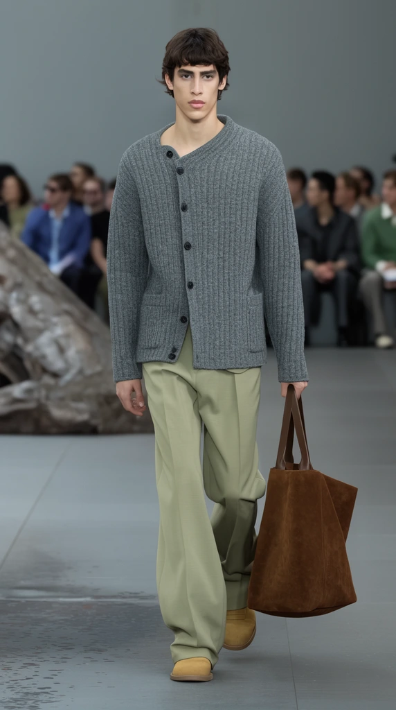 Male fashion model walking a runway, grey ribbed knit cardigan with asymmetrical neckline and dark buttons, light olive green wide-leg trousers, tan shoes, carrying a large brown suede tote bag, smooth grey floor, blurred seated audience background, large abstract sculpture on left, bright even lighting, sharp focus, shallow depth of field, fashion photography