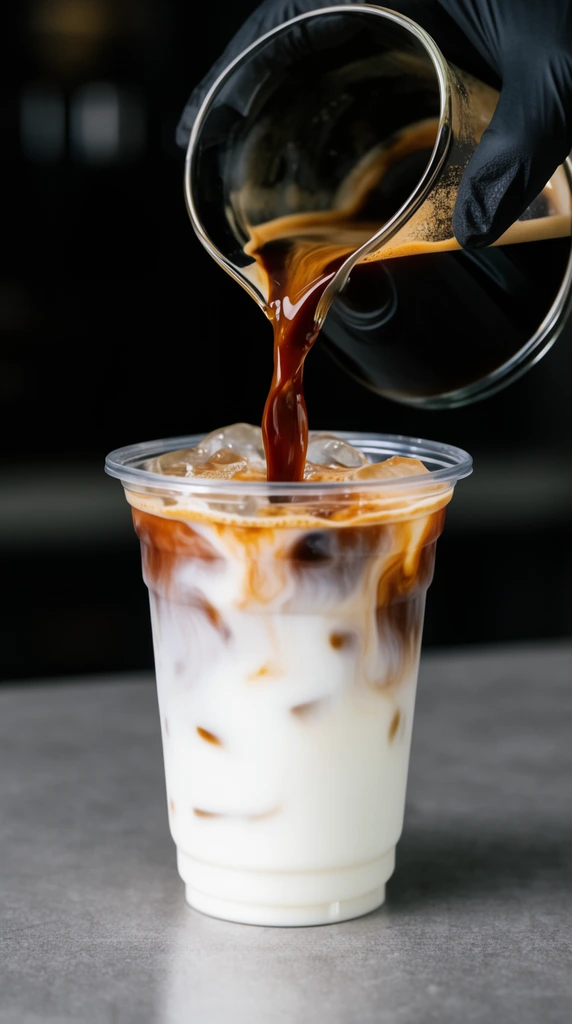 Dark espresso pouring from a glass pitcher into a clear plastic cup of iced milk, black gloved hand gripping pitcher, dynamic liquid stream, rich brown coffee swirling into opaque white milk creating marbled gradients, floating ice cubes, macro beverage photography, shallow depth of field, dark blurred background, gray tabletop, high contrast lighting, sharp focus on the splash