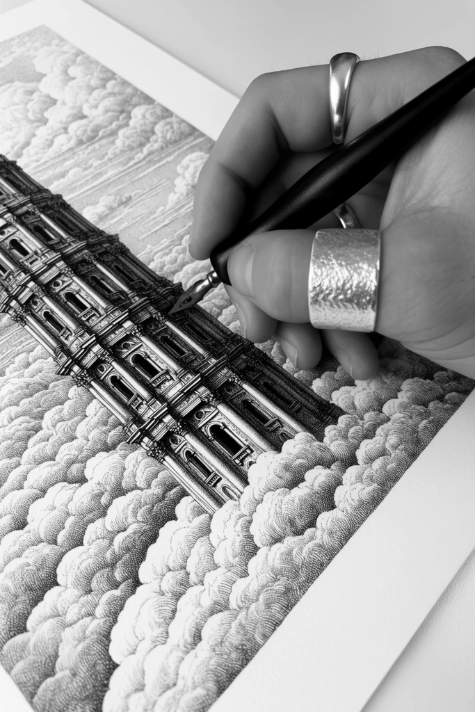 A high-contrast black and white close-up of a hand using a black dip pen to illustrate an intricate architectural scene. Adorned with a wide textured silver thumb ring and a smooth silver index finger ring, the hand grips the pen against angled white paper. The detailed ink drawing depicts a complex, multi-tiered classical tower rising from voluminous clouds, rendered through dense stippling and cross-hatching. Shot from a dynamic diagonal perspective, the composition emphasizes the interplay between the artist's smooth skin, the gleaming metallic jewelry, and the intensely textured illustration.