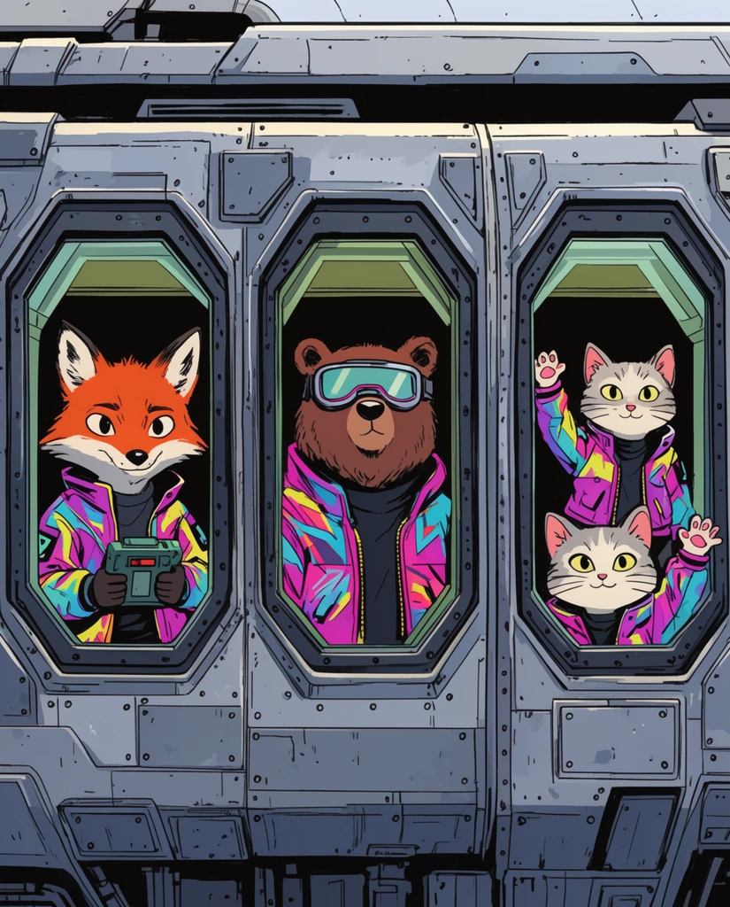 2D comic illustration of a metallic futuristic train exterior with hexagonal windows. Anthropomorphic animal passengers in neon cyberpunk jackets peer out. A fox holds a scanner, a bear wears goggles, and two cats wave from the cabins.