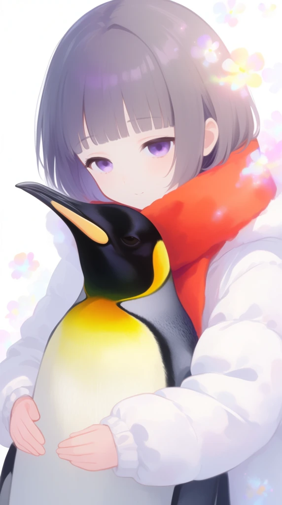 A soft anime-style illustration features a girl gently hugging a king penguin against a luminous white background. The girl has pale skin, purple eyes, and short grey-purple hair with blunt bangs. She wears a puffy white winter jacket and a vibrant orange-red scarf. Her arms wrap around the penguin, which displays a black head and a vivid yellow neck fading to a cream belly. Ethereal glowing bloom effects, delicate pastel shading, and smooth color transitions define the artistic style under brightly diffused light.