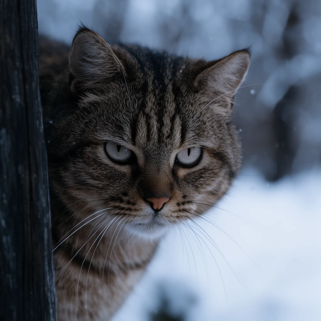 A thick-coated brown tabby cat peers intensely around a dark wooden post against a blurred snowy background. The close-up portrait highlights piercing pale eyes, long white whiskers, and textured fur in cool, muted winter lighting with a shallow depth of field.