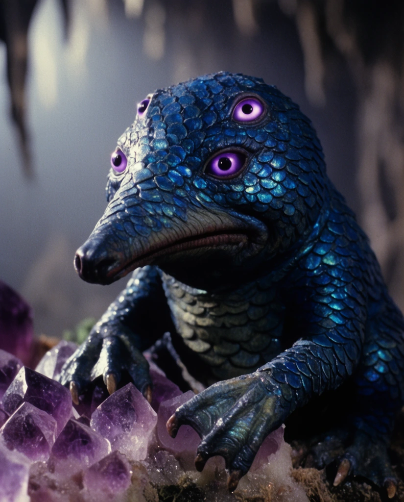small rotund creature covered in iridescent blue scales, four glowing purple eyes, elongated snout, webbed claws gripping crystallized amethyst, misty out of focus cavern background, 1980s dark fantasy film aesthetic, practical animatronic puppet design, cinematic side lighting, macro photography, shallow depth of field
