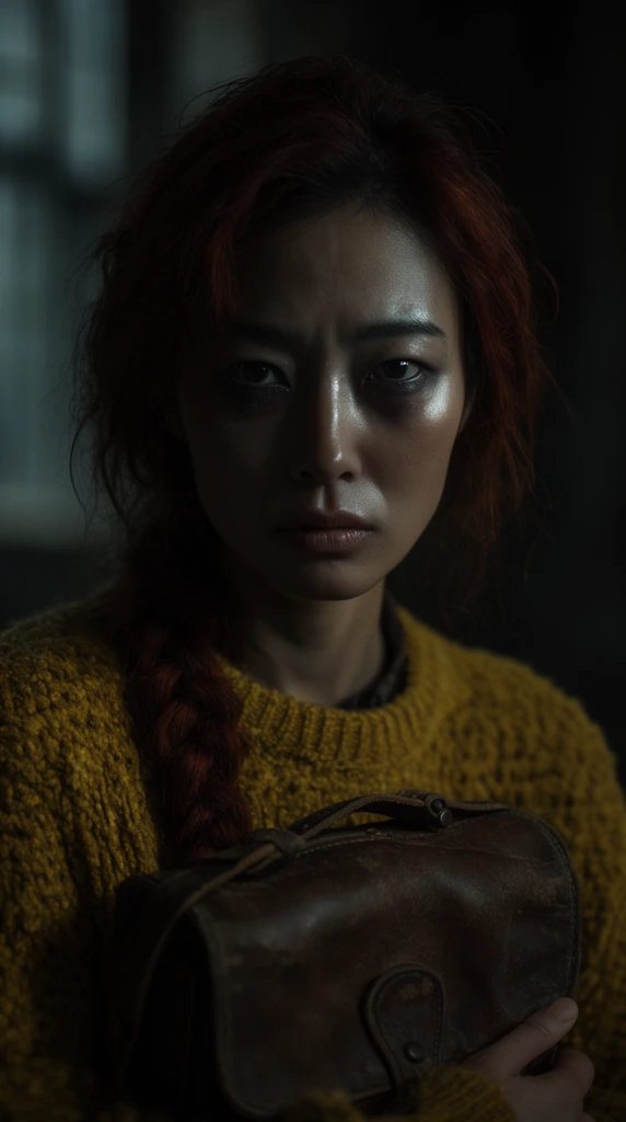 A cinematic close-up portrait of an East Asian woman with a messy auburn braid staring intensely into the lens. She wears a chunky mustard-yellow sweater, clutching a worn leather satchel to her chest. Dramatic chiaroscuro lighting sculpts the left side of her face in soft cool tones while the right side fades into heavy shadow. Her somber expression features a subtle skin sheen and dark under-eye shadows. The background consists of dark, blurred architectural shapes, creating a moody, suspenseful atmosphere with a shallow depth of field.