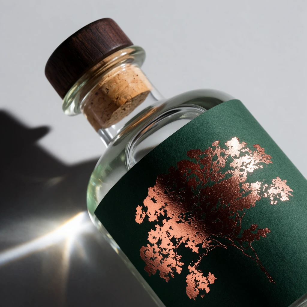 A clear glass bottle with a dark wood and natural cork stopper rests diagonally across a minimalist light gray surface. The bottle features a deep forest green, matte-textured paper label adorned with scattered, abstract metallic copper foil stamping resembling a distressed organic canopy. Hard directional light from the upper right casts a sharp, deep shadow of the bottle to the left, pierced by a bright, luminous caustic refraction streak from the glass. Captured from a high-angle close-up perspective, the product photography emphasizes the tactile contrast between the smooth glass, grainy wood cap, matte paper, and highly reflective metallic foil.
