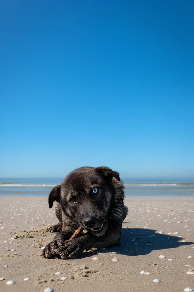 A dark-furred dog with one striking blue eye lies on a sandy beach chewing a stick held between its paws. The wet canine rests low on sand scattered with small white seashells, casting a sharp shadow in bright daylight. Behind the subject, calm ocean waves meet a distant horizon under a vast, cloudless azure sky dominating the upper two-thirds of the frame. Shot from a low angle, the composition highlights the expansive negative space above the resting animal.