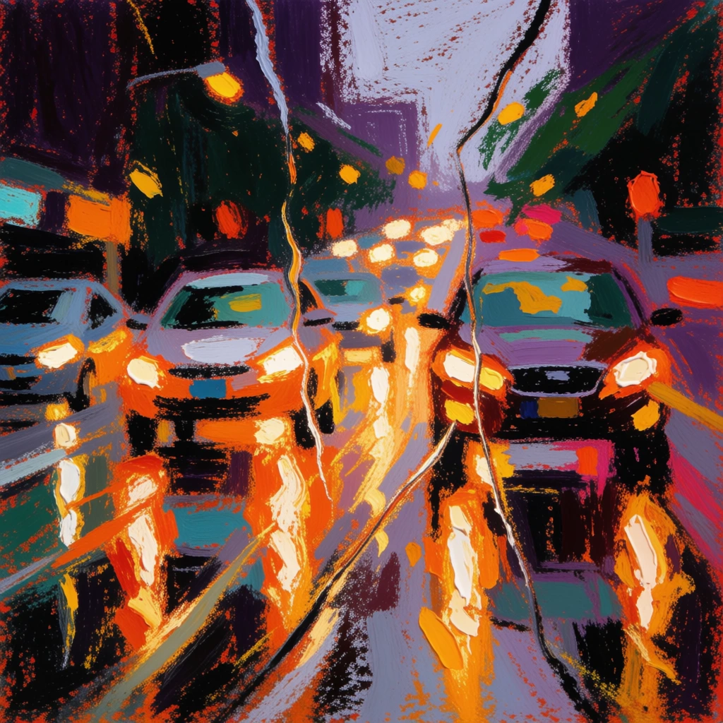 expressive gestural painting style, cars on a city street through a rain-slicked window, thick impasto brushstrokes, vibrant orange and yellow light blooming from headlights, deep purple and forest green shadows, distorted reflections on wet asphalt, radial energy with rays of light emanating outward, gritty oil pastel texture, visible scratch marks, blurred motion, high contrast, warm radiant glows against a dark urban atmosphere, energetic mark-making, painterly abstraction.