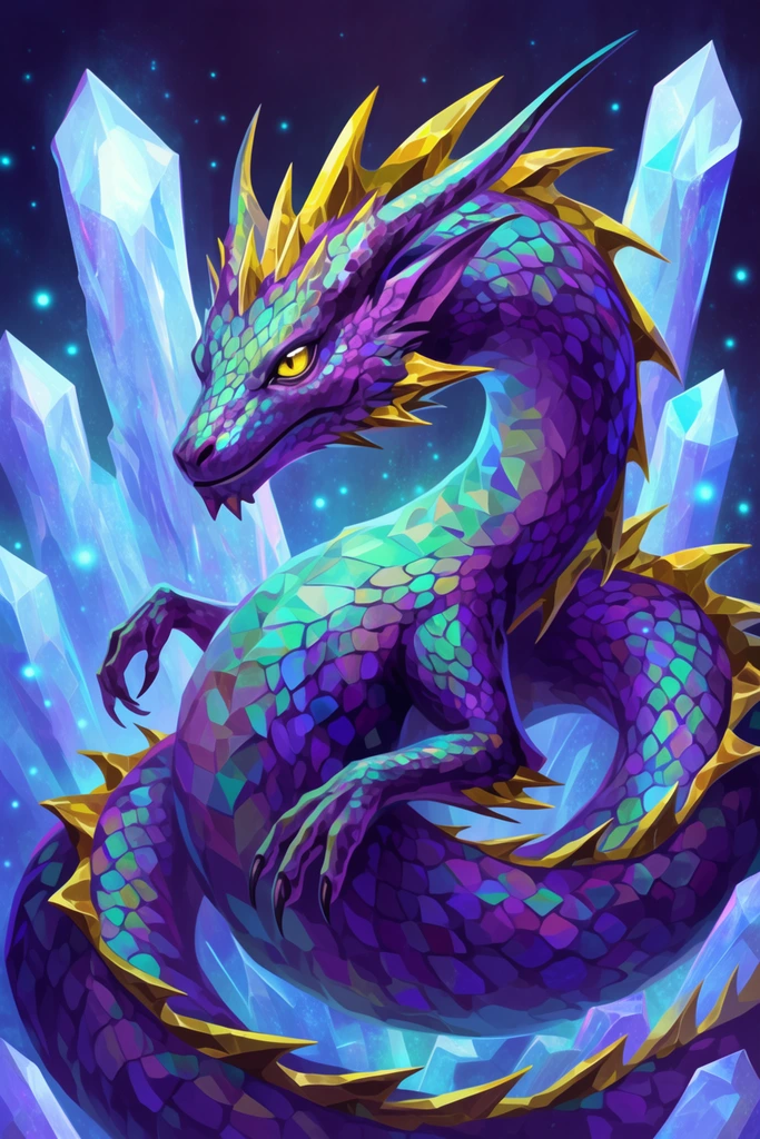 coiled serpentine dragon, iridescent purple and teal scales with faceted geometric shading, jagged yellow-gold dorsal spikes, sharp swept-back horns, intense yellow eye, slender clawed forelimbs, positioned before towering luminous light blue crystal pillars, dark indigo background scattered with glowing cyan particles, vibrant digital fantasy illustration, jewel-tone palette, magical radiant lighting