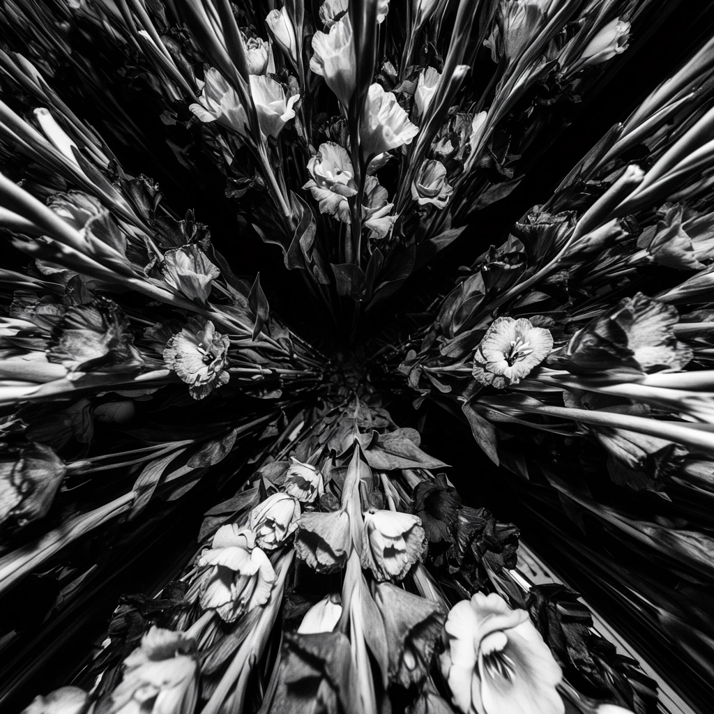 A stark, high-contrast black and white overhead view of a dense cluster of flowers, photographed with an extreme plunging bird's-eye perspective that drives sharp converging lines toward a deep, central vanishing point. Towering petals and rigid stems rise steeply toward the four corners of the frame, forming rigid geometric structures that create an exaggerated sense of depth. The floral arrangement exhibits strict radial symmetry, creating a striking 'X' composition anchored dead center. Dramatic chiaroscuro lighting casts deep, inky black shadows into the central void and intensely highlights the crisp edges and raw, highly textured surfaces of the foliage. The intricate veins and structural anatomy of the blooms are rendered with precise sharpness and deep depth of field through a wide-angle lens, emphasizing the extreme monochromatic palette and stark, graphic visual impact.