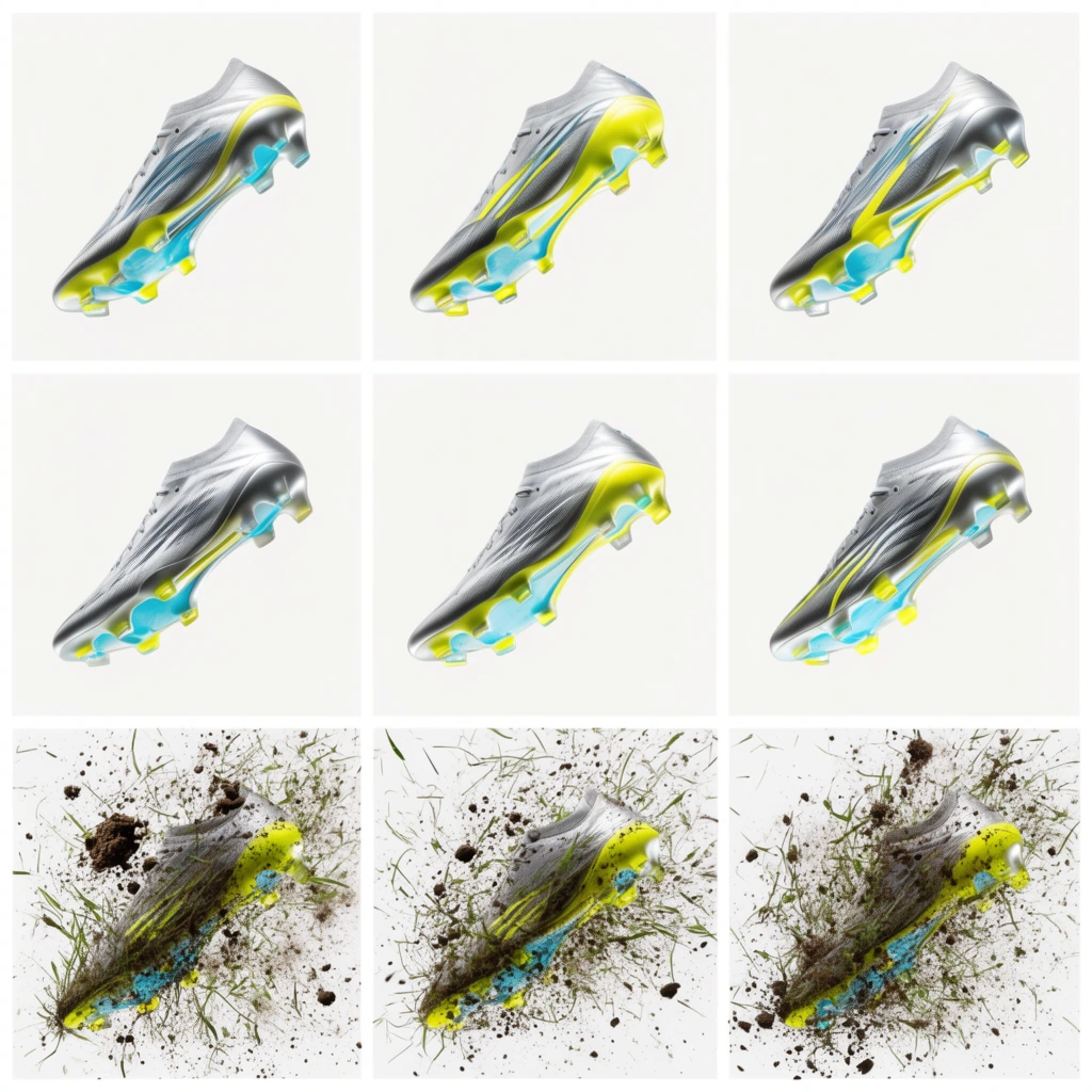 grid of futuristic silver athletic cleats, neon yellow and cyan accents, top and bottom rows exploding with flying mud and grass, middle row pristine, white background
