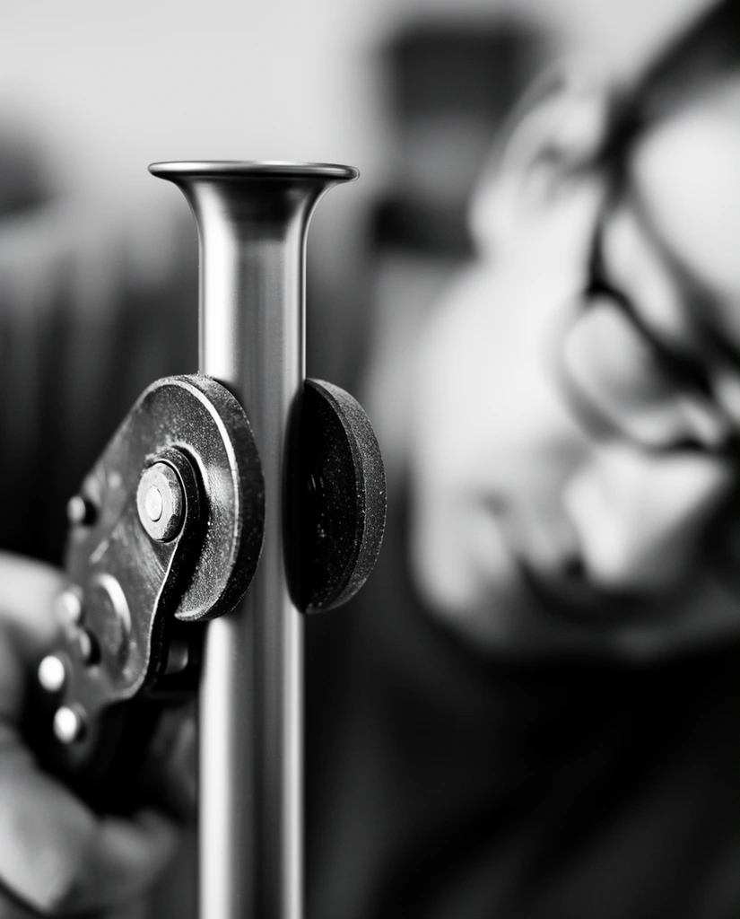 A black-and-white close-up photograph highlights a dark metal tool tightly gripping a smooth, vertical pipe. The tool's textured circular wheel clamps firmly against the sleek metallic surface near a flared upper rim. A very shallow depth of field isolates this crisp mechanical interaction. In the heavily blurred background, the soft silhouette of a person wearing glasses leans in from the right. High-contrast monochrome lighting accentuates the crisp industrial textures of the hardware against the completely out-of-focus, atmospheric backdrop.