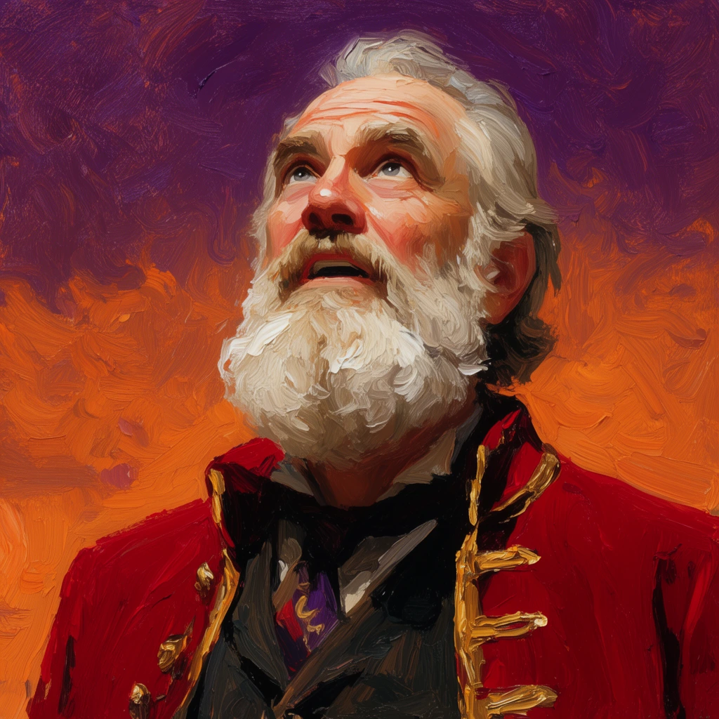 An expressive oil painting of an older man with a thick white beard looking upward in awe, wearing a vibrant crimson coat with gold trim over a dark vest. The chest-up portrait is set against a deeply textured background of swirling orange and purple brushstrokes. Thick impasto techniques emphasize bold lines and heavy paint application, creating a highly tactile surface with rich, warm lighting.