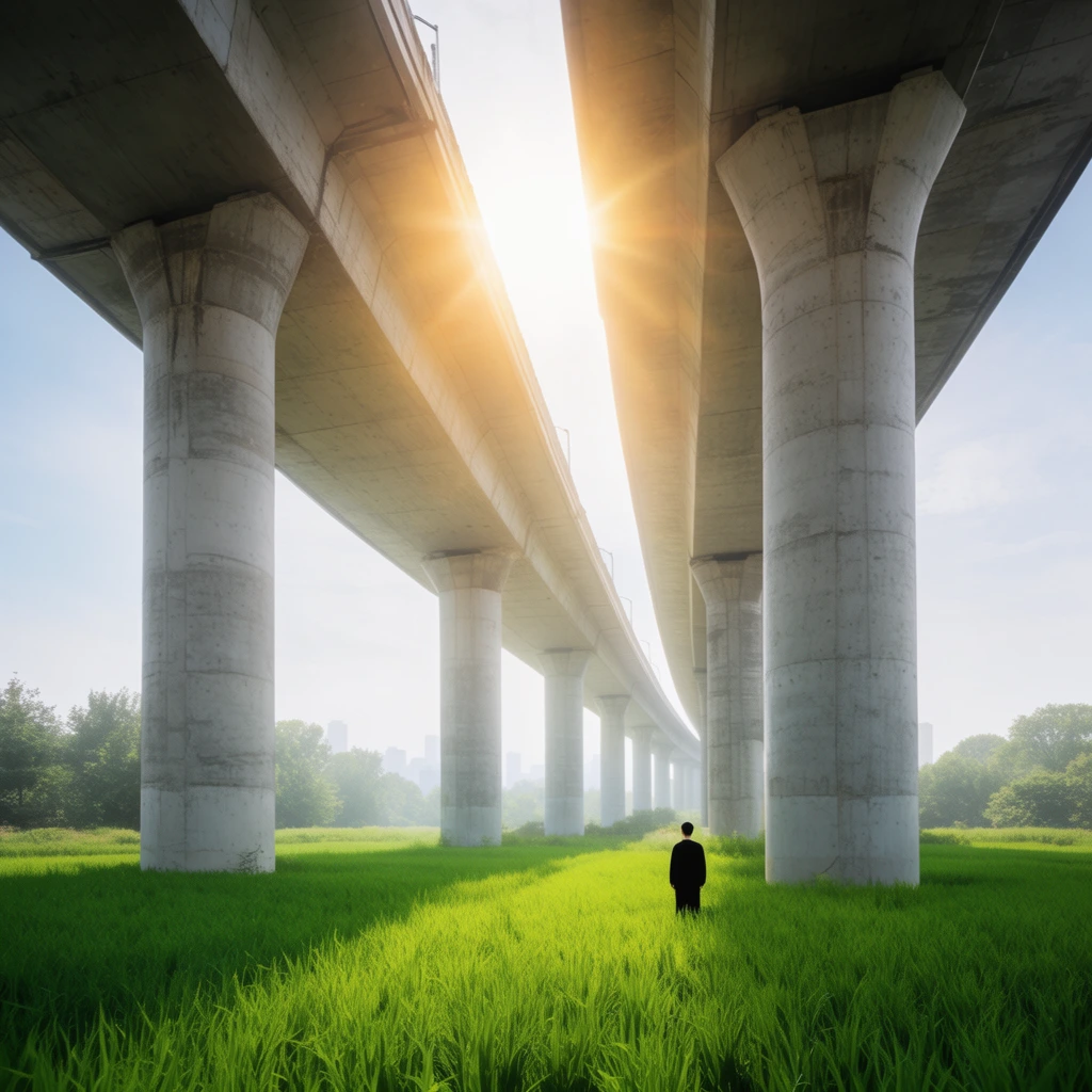 massive concrete elevated highway with thick cylindrical pillars, low angle looking up, tiny human figure in black standing in a vibrant lush green field below, bright sunlight pouring through a gap between the bridge spans, hazy trees and faint city skyline in the background, monumental scale, architectural photography, vivid saturation