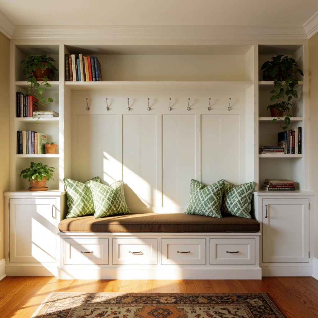 Built-in white shelving unit with central seating bench, long brown cushion, green and white patterned pillows, paneled backrest with silver hooks, flanking shelves holding books and potted trailing plants, four base storage drawers, warm hardwood flooring, patterned rug, bright natural sunlight casting strong angular shadows from left, crown molding, photorealistic interior photography, straight-on perspective, warm neutral tones