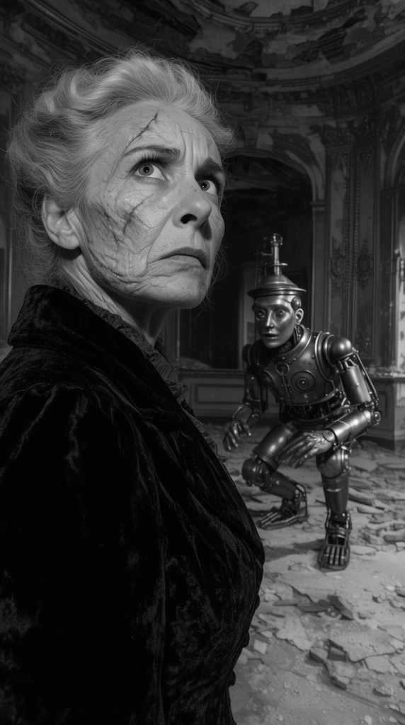 A dramatic black-and-white cinematic shot of a scarred older woman in a velvet coat in the left foreground, gazing upward with intense paranoia. Behind her, a brass automaton crouches inside a ruined grand ballroom. The deep-focus composition features stark, theatrical lighting.