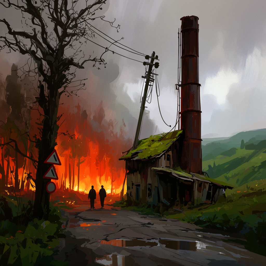 two silhouetted figures on a cracked road with puddles, walking toward a dilapidated moss-roofed building attached to a towering rusted industrial chimney, leaning utility pole with drooping wires, gnarled tree on the left holding triangular warning signs, intense glowing orange forest fire illuminating the smoky background, rolling green hills on the right beneath a heavy overcast sky, digital painting, loose expressive brushstrokes, dystopian concept art, strong warm and cool light contrast