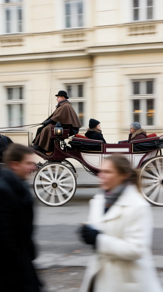 horse-drawn carriage in motion on a paved street, maroon and white paneled body, spoked wheels with radial motion blur, driver in a black bowler hat and brown cape, two passengers inside, immediate foreground obscured by heavily motion-blurred pedestrians in black and white coats, smeared unrecognizable faces, cream-colored building facade background, panning photography tracking the carriage, dynamic contrast between sharp subject and blurred environment, natural daylight