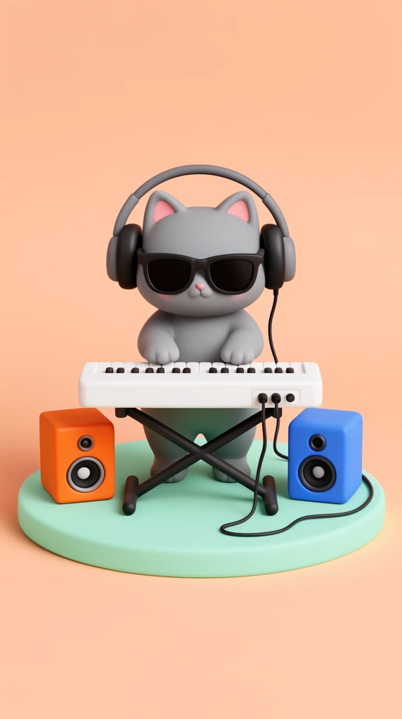 3D stylized gray cat playing a white keyboard, wearing black sunglasses and headphones, mint green circular platform, orange cube speaker left, blue speaker right, black audio cables, solid peach background, minimalist matte textures, soft studio lighting