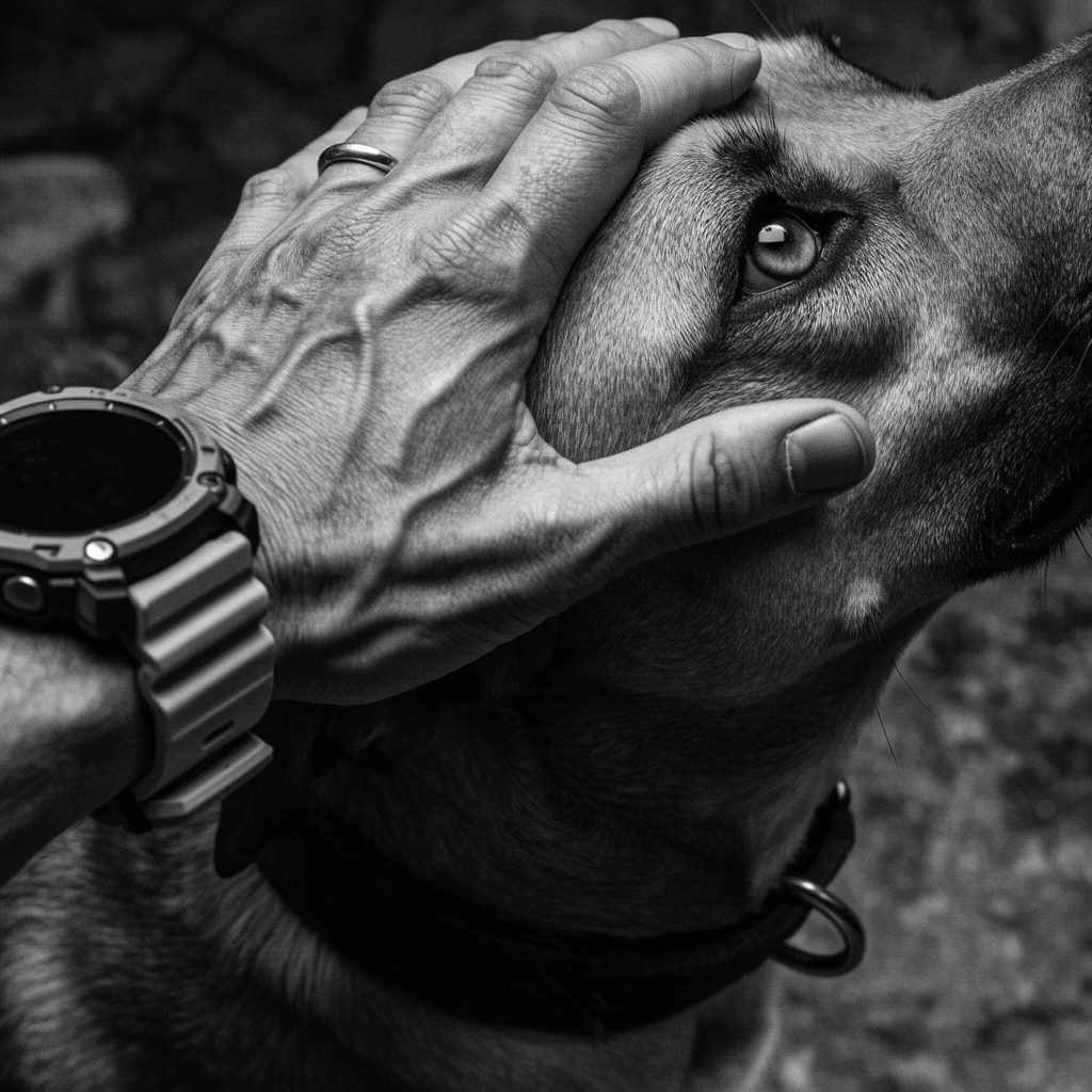 Close-up high-angle black and white photograph, heavily veined human hand resting on a short-haired dog's head, intense upward gaze from the dog's eye, hand wearing a chunky rugged smartwatch with a grooved strap, simple ring on one finger, thick dark dog collar with a metal eyelet, dramatic high contrast lighting, sharp focus on protruding skin veins and fine fur texture, gritty tactile composition