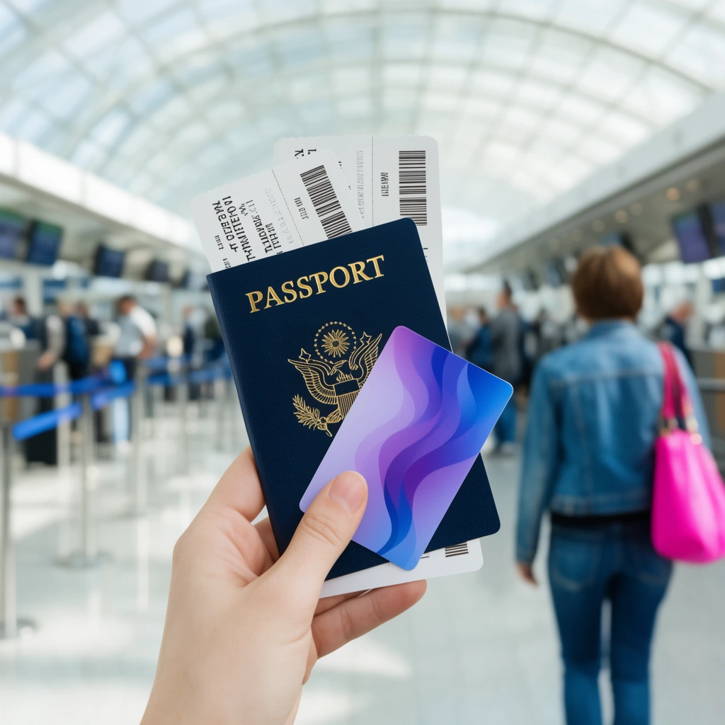 A close-up first-person view of a pale hand holding a dark blue passport with gold embossed graphics, a plastic card featuring purple and blue wavy patterns, and two white travel tickets. The sharply focused hand and documents contrast with a brightly lit, out-of-focus airport terminal background. The airy, blurred environment features arched glass ceilings, check-in stanchions, and indistinct travelers, including one wearing a blue denim jacket and carrying a vibrant pink bag.
