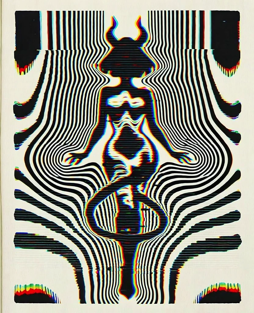 A high-contrast op-art illustration of a female demon... | Krea