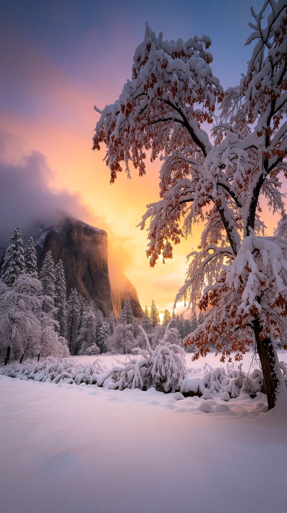 Snow-covered winter valley at sunset, large tree laden with white snow and lingering reddish-brown foliage in the right foreground, pristine snow blanketing the ground, snow-dusted pines on the left, sheer dark granite mountain peak in the background enveloped by mist, vibrant sky transitioning from glowing golden orange to soft purples and blues, landscape photography, warm backlight, cool winter shadows, wide-angle framing