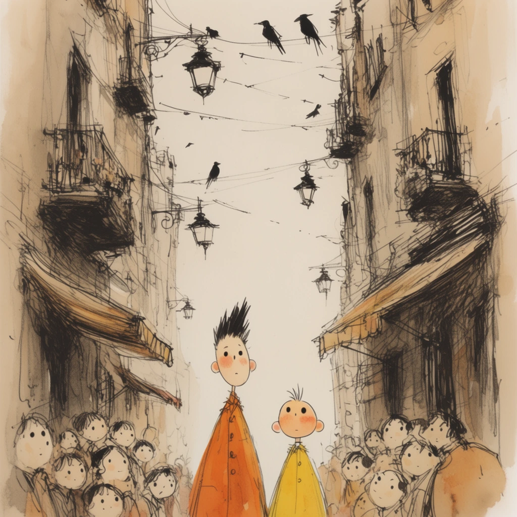 two stylized characters standing in a narrow street, tall spiky-haired figure in orange, shorter figure in yellow, flanked by a crowd of round-faced onlookers with dot eyes, tall buildings with balconies and awnings forming a tight alleyway, hanging streetlamps, overhead wires crisscrossing the pale sky, perched black birds, loose scratchy ink drawing, expressive sketch linework, watercolor washes, muted beige and ochre palette, vertical perspective, whimsical storybook illustration