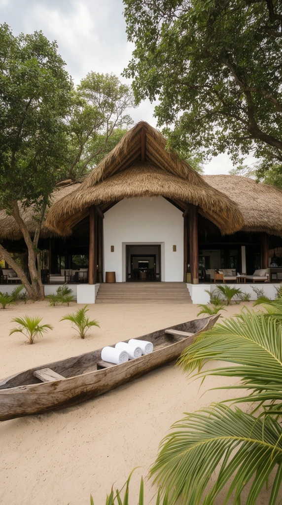 tropical resort lodge with a sweeping thatched roof and bright white central facade, dark wooden support pillars, wide steps leading to an open entranceway, smooth sandy foreground, weathered wooden dugout canoe resting on the sand holding three rolled white towels, scattered small green palm plants, large lush fronds framing the bottom right, mature trees with dense green canopy surrounding the building, shaded outdoor lounge areas beneath the roof, soft natural daylight, overcast sky, wide-angle landscape photography