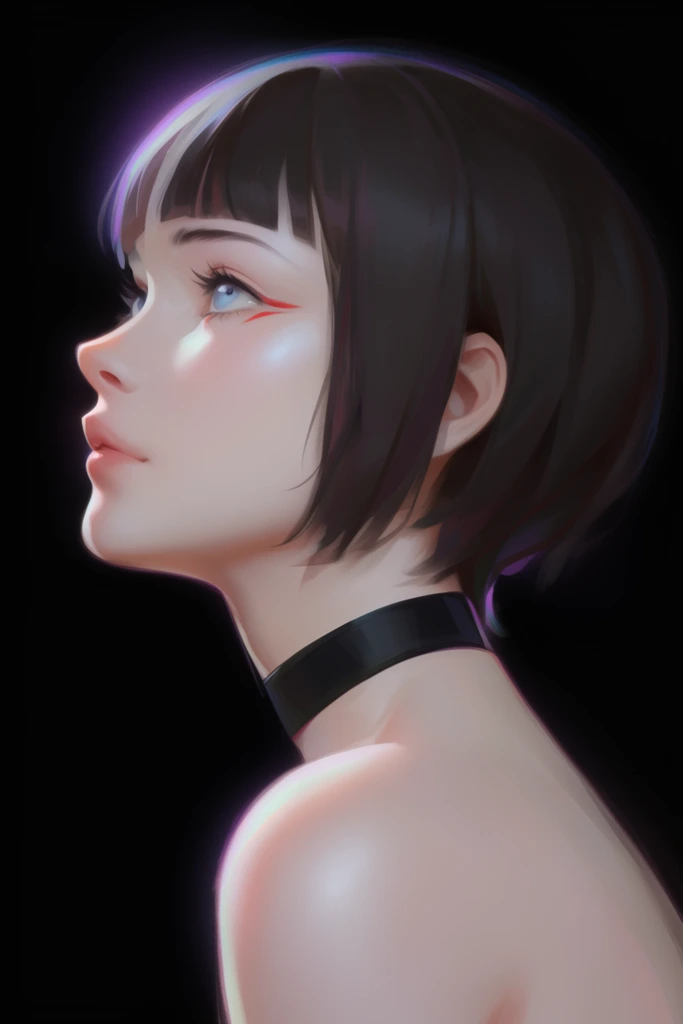 Profile portrait of a young woman looking upward against a solid black background. She features short dark hair with blunt bangs, pale luminous skin, light blue eyes with red outer-corner accents, and a thick black choker. Soft directional light sculpts her delicate facial features and bare shoulder, rendered with smooth, painterly digital shading, glowing highlights, and a subtle iridescent purple rim light.