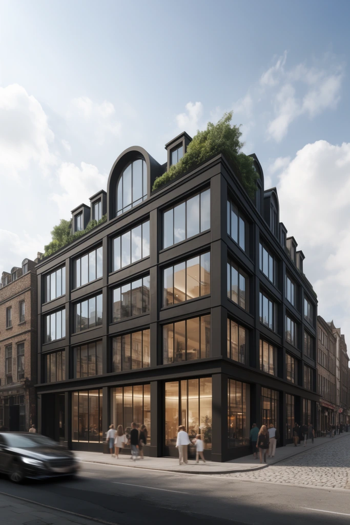 A photorealistic architectural rendering of a five-story corner building with a dark matte facade and expansive grid windows. The glass-fronted ground floor glows with warm interior lighting, contrasting with the bright daytime sky. The roofline features dormer windows, a large arched window, and a lush green terrace. At street level, pedestrians stroll along the sidewalks while a dark car drives past on the left in a sleek motion blur. Framed from a low-angle perspective, the crisp geometric lines of the main structure stand out against adjacent historic brick buildings and a cobblestone side street.