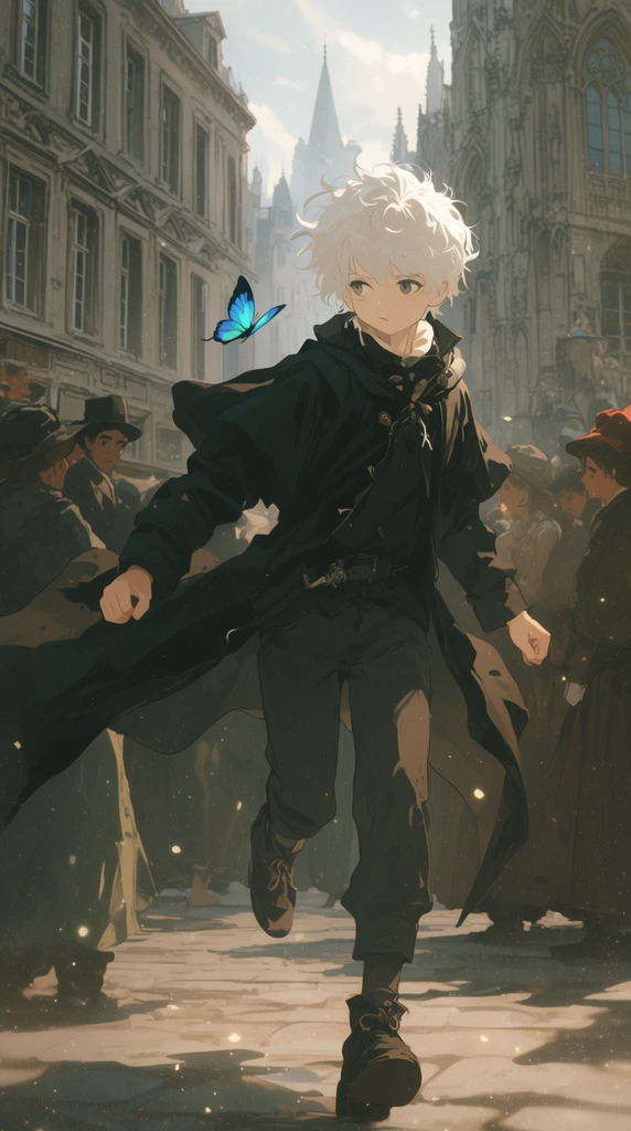 An anime-style boy with messy white hair and a billowing dark coat runs through a crowded European street featuring gothic architecture. A vibrant blue butterfly flits near his shoulder. The dynamic illustration utilizes soft cinematic lighting, floating dust motes, and a muted, atmospheric color palette.