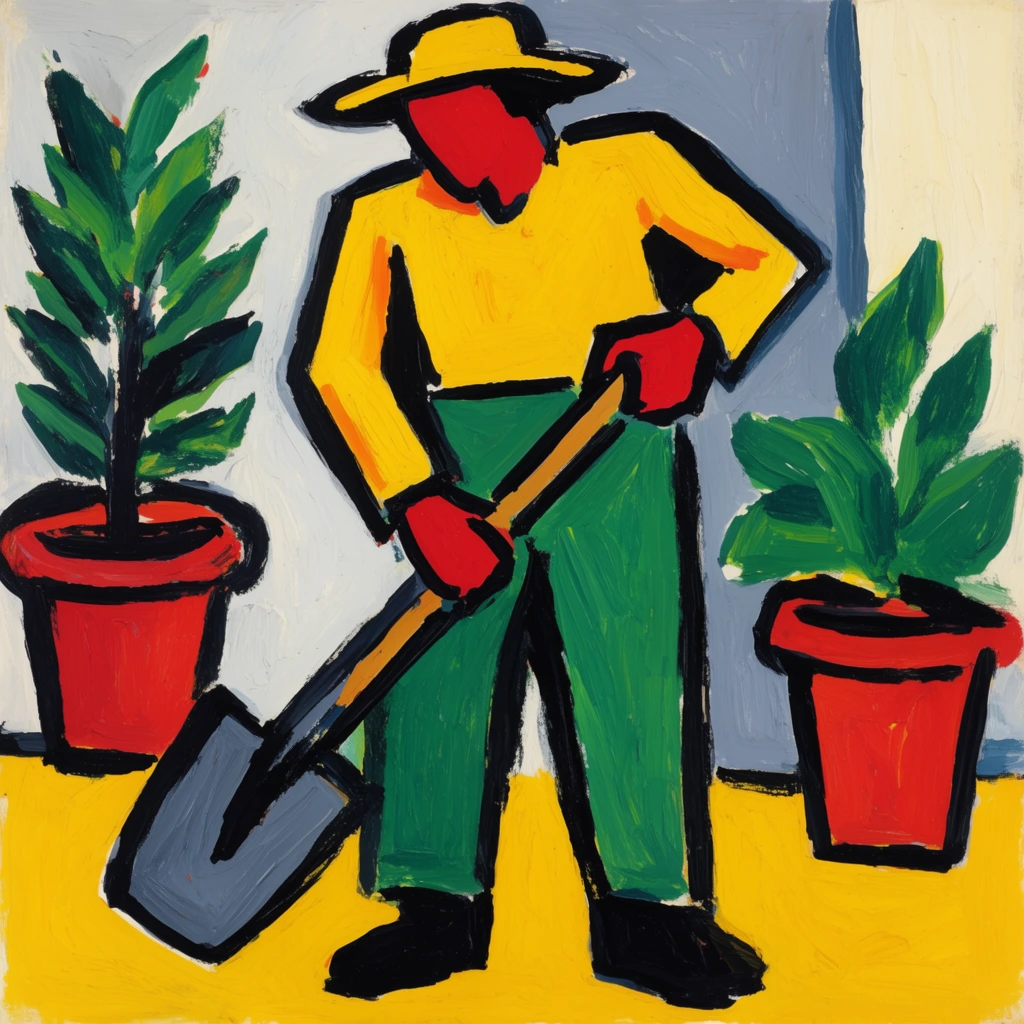 fauvist painting, stylized worker with shovel, vibrant yellow and green blocky clothing, flat red face, bold black outlines, yellow ground, potted plants, thick brushstrokes