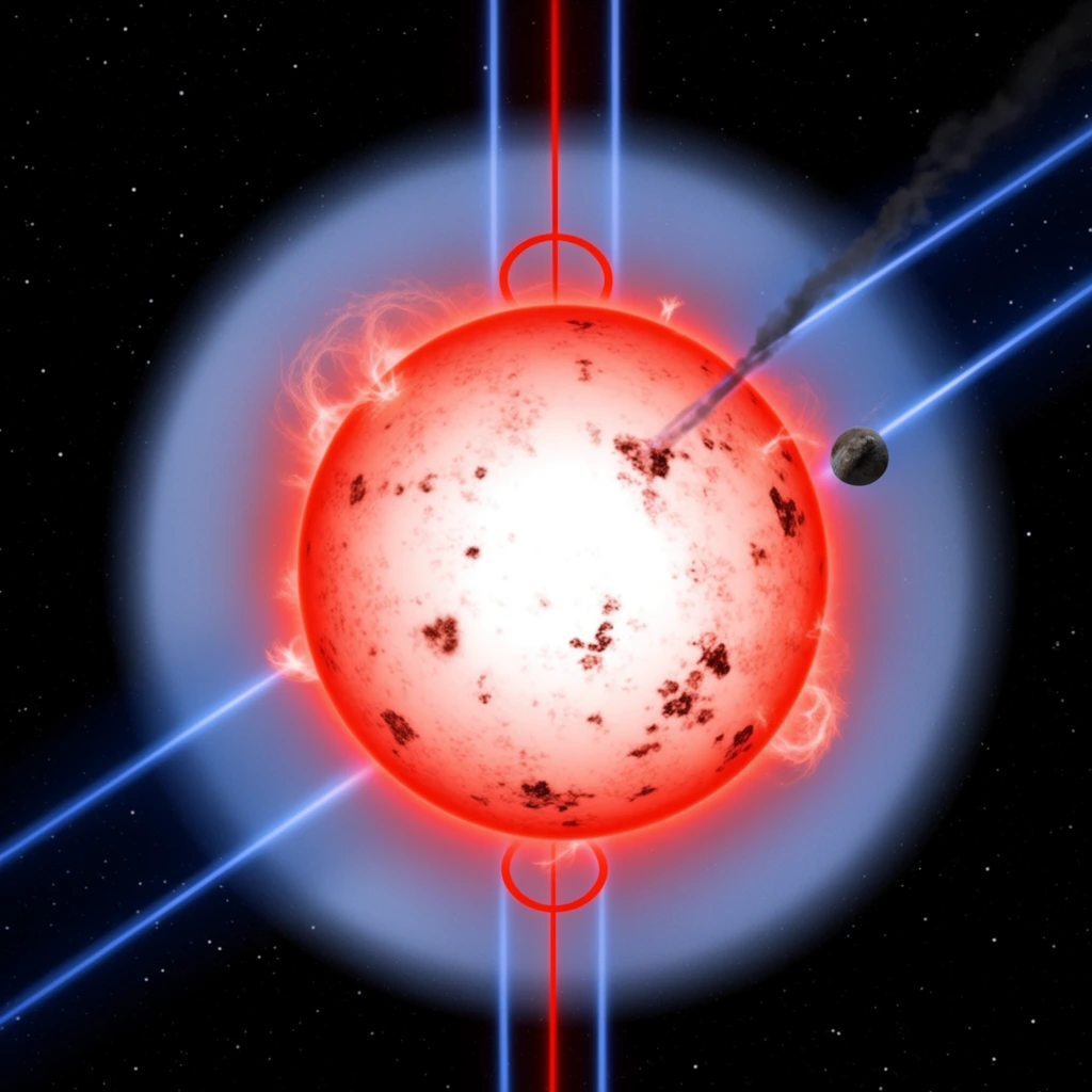 A glowing red star floats against a deep black backdrop scattered with tiny white stars. The intensely luminous sphere transitions from a brilliant white core to a fiery red-orange perimeter, textured with dark irregular surface blemishes and erupting wispy solar flares. A broad diffuse pale blue halo emanates into the surrounding vacuum. Superimposed glowing vectors intersect the star, including a red vertical axis encircled by a red ring, and two parallel blue beams angling diagonally. A small rocky planetoid trails a plume of dark smoke along the rightmost blue beam, descending across the glowing stellar surface.