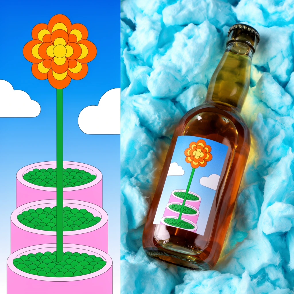 A split composition pairs a vibrant vector illustration with a styled product photograph. On the left, a tall green stem pierces vertically through three pink cylindrical platforms filled with clustered green spheres. The stem ascends into a gradient blue sky dotted with puffy white clouds, culminating in a geometric orange and yellow flower. On the right, a clear glass bottle filled with amber liquid rests diagonally on a bed of fluffy, bright blue cotton candy. The bottle is sealed with a dark metallic crown cap and bears a rectangular label mirroring the exact floral illustration. The juxtaposition creates a playful, surreal aesthetic combining flat pop-art graphics with high-contrast, brightly lit studio photography.