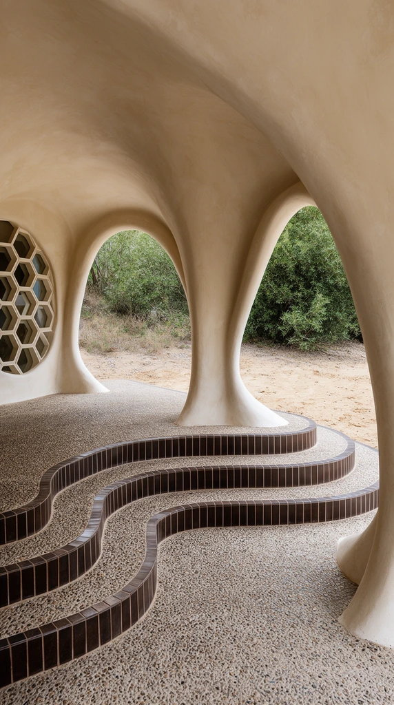 A curvilinear architectural space frames an outdoor landscape through large biomorphic archways. Smooth, light beige plastered walls sweep downward to form organic, fluid columns. The interior floor features multi-level, serpentine steps with risers clad in vertically oriented dark brown tiles and horizontal surfaces finished in textured exposed aggregate pebble-dash. A geometric honeycomb window detail rests on the left wall. Through the cave-like openings, dry sandy terrain meets a cluster of dense green foliage. Soft natural daylight highlights the textured materials and sweeping biophilic geometry.