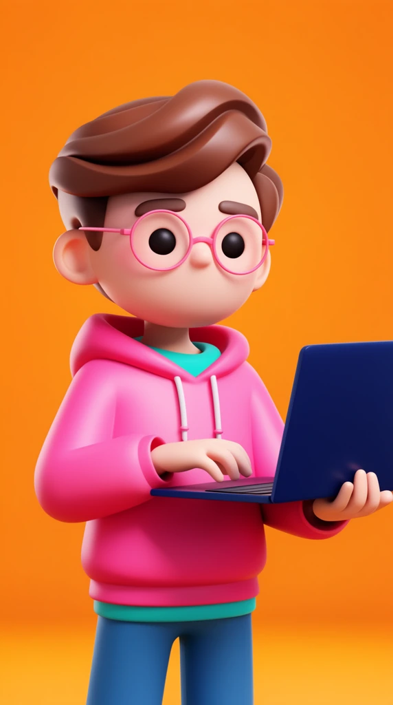 3D stylized cartoon character, oversized head with swooping smooth brown hair, round pink glasses, vibrant pink hoodie with white drawstrings, bright teal undershirt, matte blue trousers, holding an open dark blue laptop, right hand poised to type, smooth plastic textures, modern 3D icon aesthetic, soft studio lighting, subtle floor shadow, vivid solid orange background, bright highly contrasting color palette