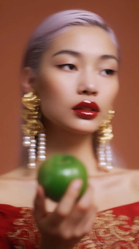 A close-up soft-focus portrait of an Asian woman looking off-camera, captured with an intentional motion blur effect. She holds a vibrant green round fruit in her heavily out-of-focus foreground hand. She has slicked-back pale lavender hair, glossy red lipstick, and oversized gold earrings with dangling pearl strands. She wears an off-the-shoulder red garment with gold embroidery against a smooth terracotta background. The soft lighting highlights the glossy textures of her lips and metallic jewelry. The warm color scheme contrasts sharply with the isolated pop of green from the fruit, creating a distinctively hazy, atmospheric composition.
