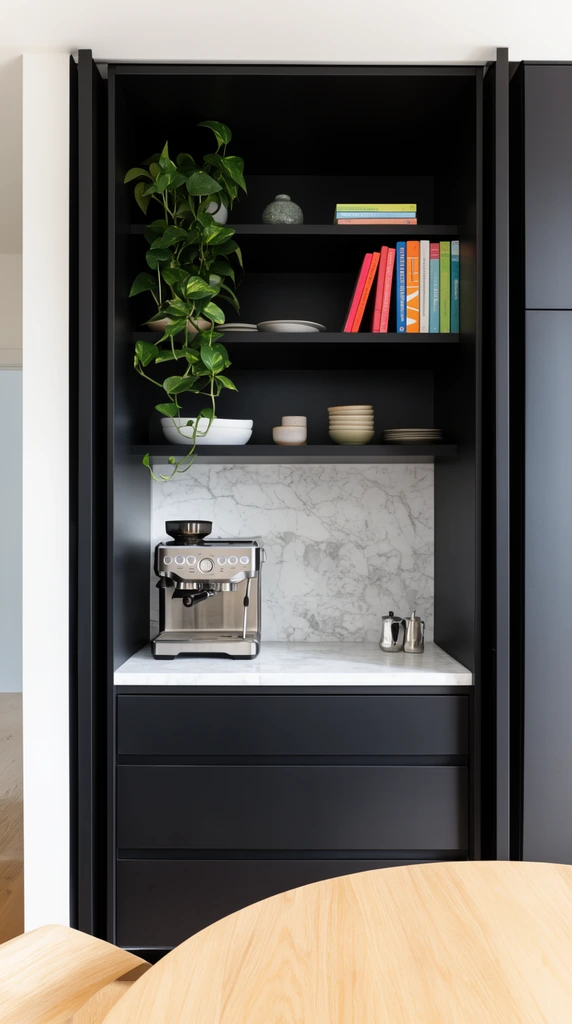 A modern matte black coffee station framed by tall pocket doors, featuring a white marble countertop with a stainless steel espresso machine. Open black shelves above display a trailing green pothos plant, colorful books, and ceramic dishes. A light oak table edges the foreground. Bright architectural interior photography.