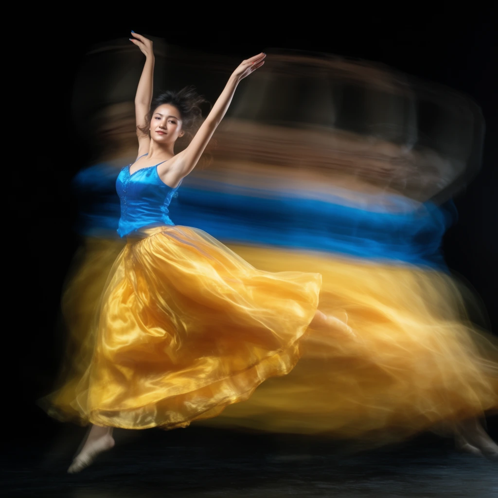 A female dancer leaps gracefully against a solid black background, leaving a vibrant motion trail captured through long exposure photography. Wearing a bright blue bodice and a voluminous golden-yellow skirt, her arms are raised elegantly above her head mid-leap. The long shutter speed creates a horizontal, ghostly streak of blurred blue and gold sweeping across the dark frame, tracking her trajectory. High-contrast lighting isolates the subject, emphasizing the vivid fabric colors and the ethereal visualization of kinetic energy.