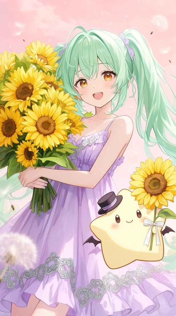 joyful anime girl with long mint-green twin-tails and amber eyes, wearing a lavender ruffled sundress with silver lace, holding a massive bouquet of vibrant yellow sunflowers, floating beside her is a pale-yellow star-shaped mascot with tiny bat wings and a miniature top hat, the mascot holds a single sunflower tied with a white ribbon, surrounded by drifting fluffy dandelion seeds, soft pastel pink sky background, bright sunlit springtime atmosphere, detailed anime illustration, soft pastel color palette