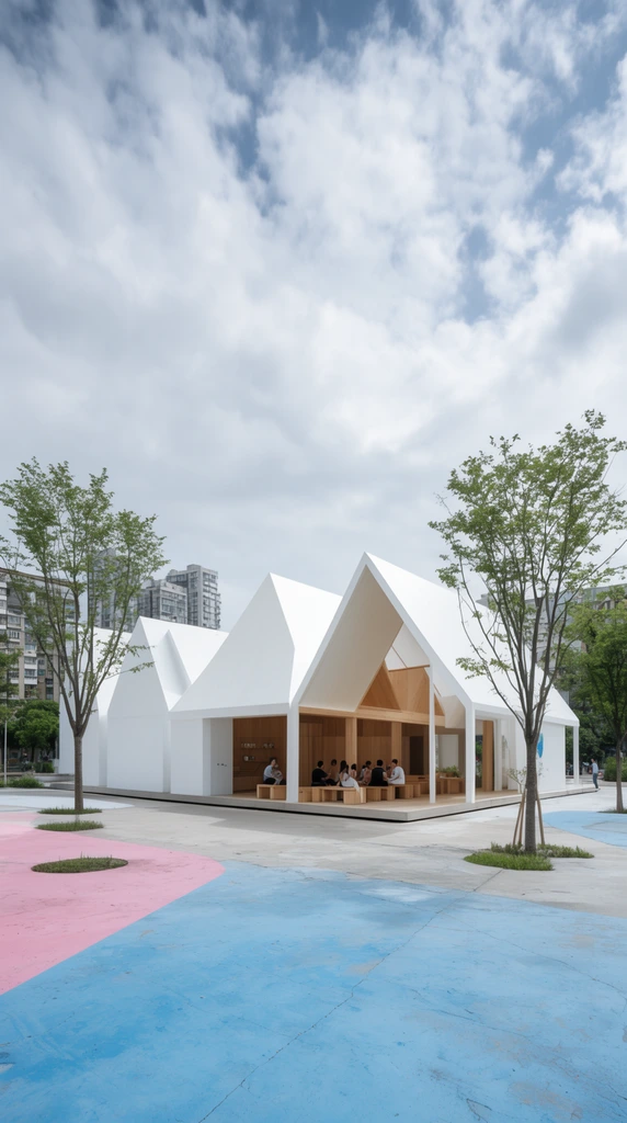 modern white minimalist pavilion with multiple pitched roofs, open-air wooden interior with seated people, contemporary urban plaza, painted concrete ground with large patches of blue and pink, slender green trees, distant residential buildings, partly cloudy sky, bright diffused daylight, architectural photography, wide-angle shot