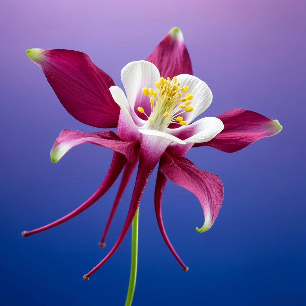 A single magenta and white columbine flower isolated against a smooth gradient background transitioning from soft violet at the top to deep cobalt blue at the bottom. The blossom features a star-like array of elongated, deep magenta outer sepals with subtly curled green-tinged tips. Inside, a cup of pristine white inner petals surrounds a prominent cluster of delicate pale filaments topped with bright yellow anthers. Long, curving magenta nectar spurs extend backward from the flower head, supported by a slender, smooth bright green stem. This macro studio portrait highlights crisp botanical textures, vivid jewel-toned color contrasts, and ultra-sharp focus on the intricate central anatomy of the bloom.