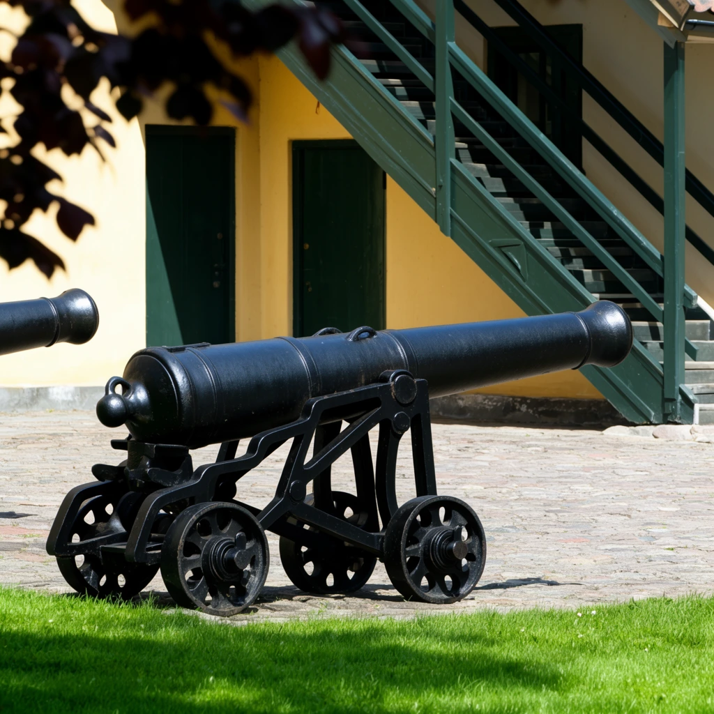 black cast-iron cannon on a heavy wheeled carriage pointing right, partial second cannon on the left, set on a stone paved courtyard, bright green grass in the foreground, pale yellow building facade, dark green doors, dark green exterior wooden staircase angling upward, bright natural sunlight, sharp shadows, out-of-focus dark leaves framing the top left corner, eye-level photography, high contrast