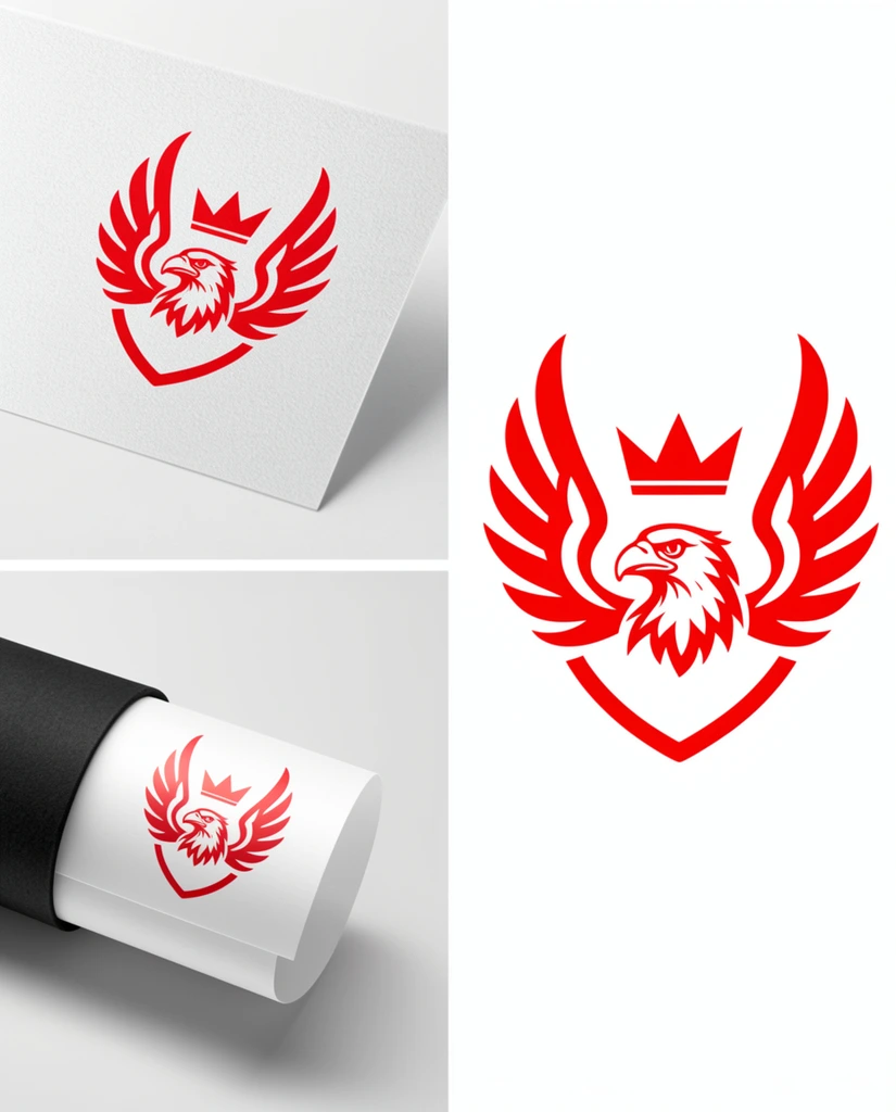 three-panel presentation of a vibrant red heraldic crest, stylized eagle head between two upward-sweeping wings under a three-pointed crown within a shield-shaped bottom outline, top left view shows the emblem printed on angled textured white paper, bottom left displays it on rolled white paper emerging from a black cylindrical tube, right half features a large flat two-dimensional rendering of the crisp red graphic design on a solid white background, minimalist composition, soft drop shadows in physical mockups, high contrast graphic style