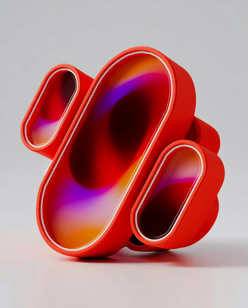 Thick 3D sculptural shapes with prominent bright red extruded casings and rounded contours form a dynamic central cluster. Their front faces feature glossy, translucent surfaces revealing swirling gradients of dark crimson, purple, and orange. Crisp white beveled highlights trace the inner edges of the bright red borders. The vibrant dimensional forms cast soft drop shadows against a smooth, minimalist light gray studio backdrop under diffused lighting.