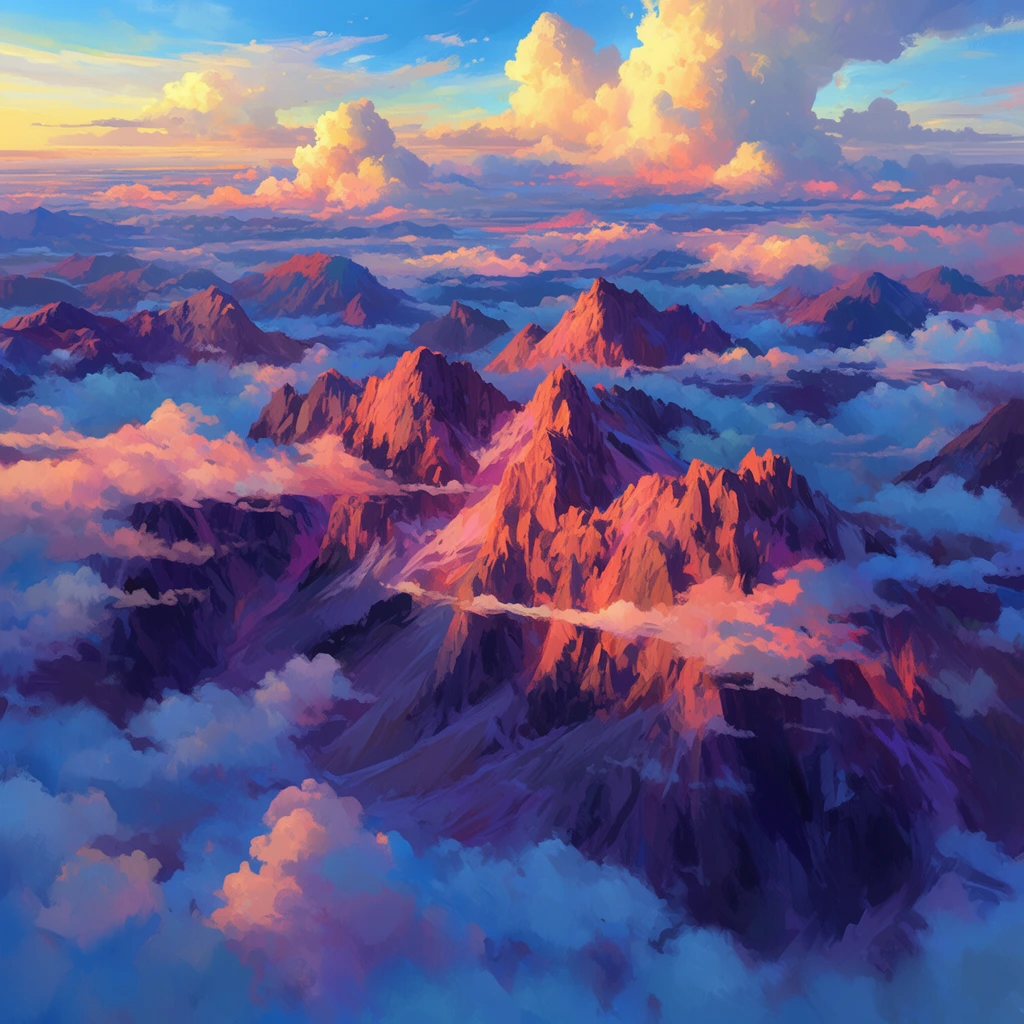 A vast, jagged mountain range pierces through a thick sea of fluffy clouds bathed in the vibrant light of sunset. The central craggy peaks glow with intense warm orange, coral, and pink hues where the sunlight strikes, contrasting sharply with the deep purple, indigo, and blue shadows in the deep crevices. Strata of wispy clouds float at various altitudes, wrapping around the rocky faces and filling the sweeping valleys below in a cool azure haze. The sky above transitions from bright blue to soft yellow, dotted with towering, golden-edged cumulonimbus clouds. The composition utilizes a sweeping aerial perspective, rendered as a highly detailed digital painting with textured, expressive brushstrokes that emphasize the massive scale and dramatic interplay of warm and cool complementary colors.