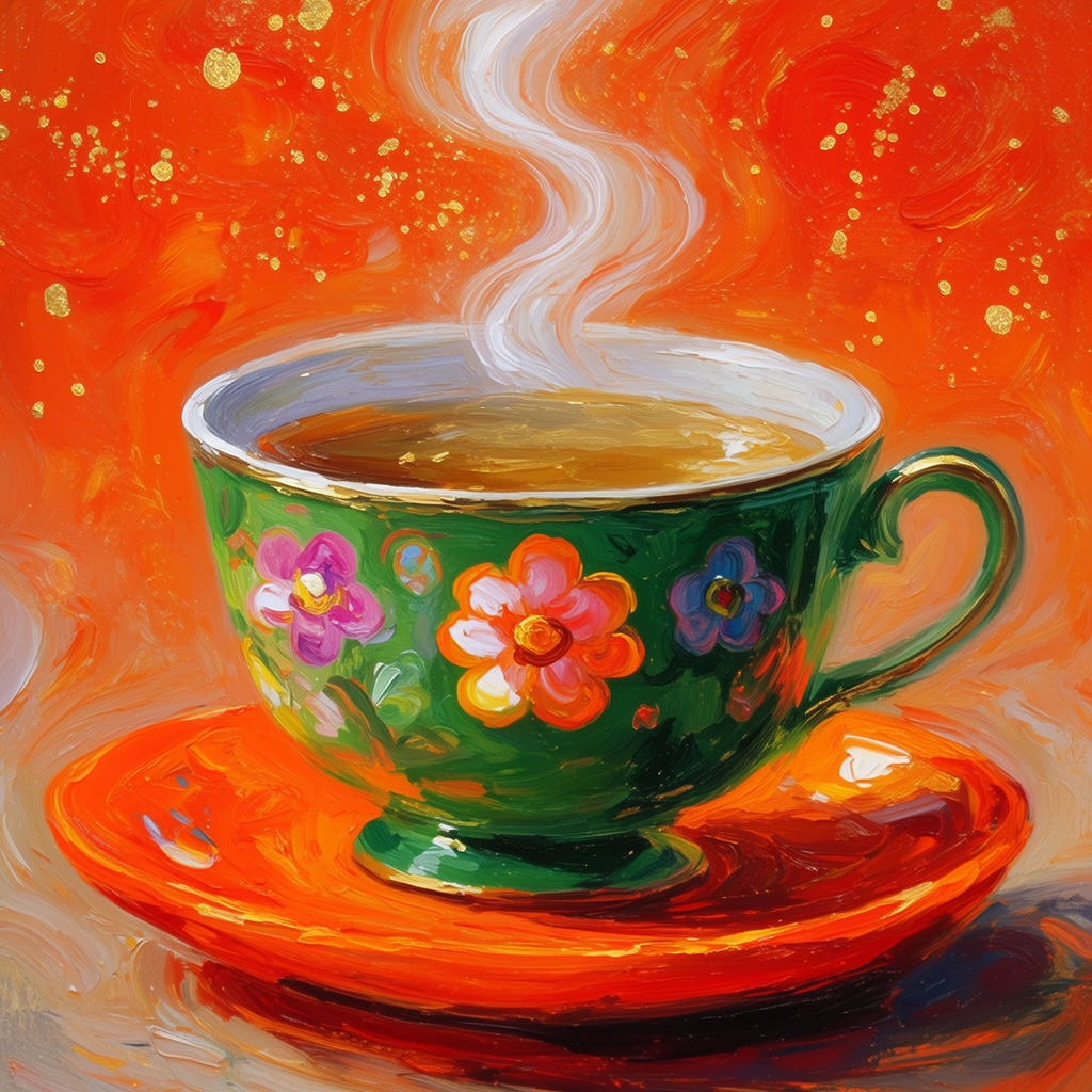 green teacup with colorful floral motifs, golden brown liquid, wavy white steam, bright orange saucer, fiery orange background, floating golden speckles, thick impasto oil painting, swirling brushstrokes, vibrant colors